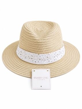 Shabby Chic Girls Straw Sun Hat Wide Brim White Eyelet Band NWT One Size